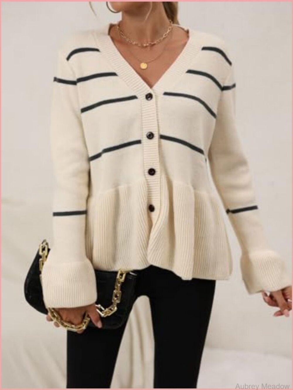 Striped V-Neck Cardigan with Flared Hem - Soft Knit Button Down - Picture 3 of 7